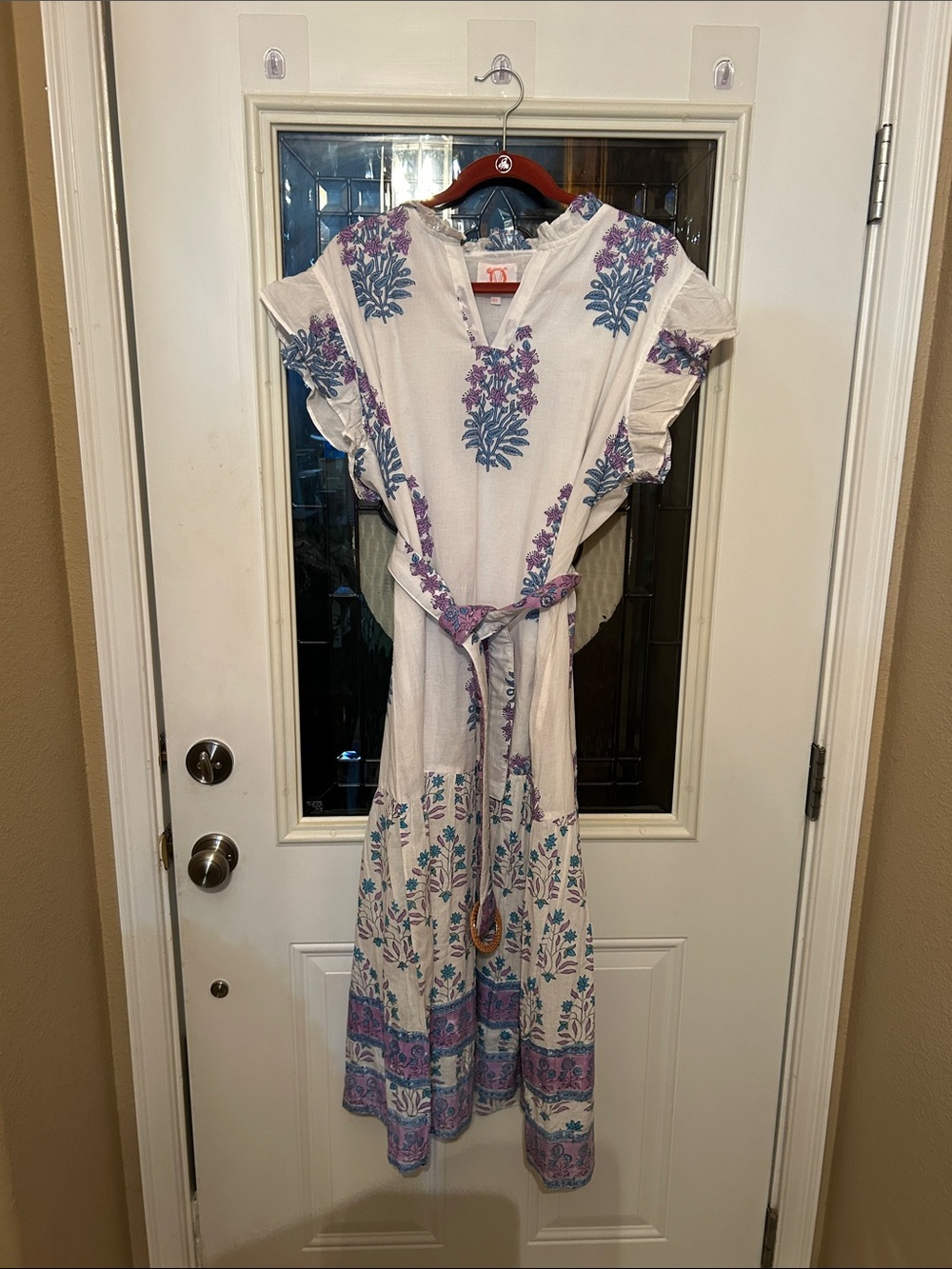 Victoria Dunn Cream Maxi Dress with Blue and Purple Floral Embroidery